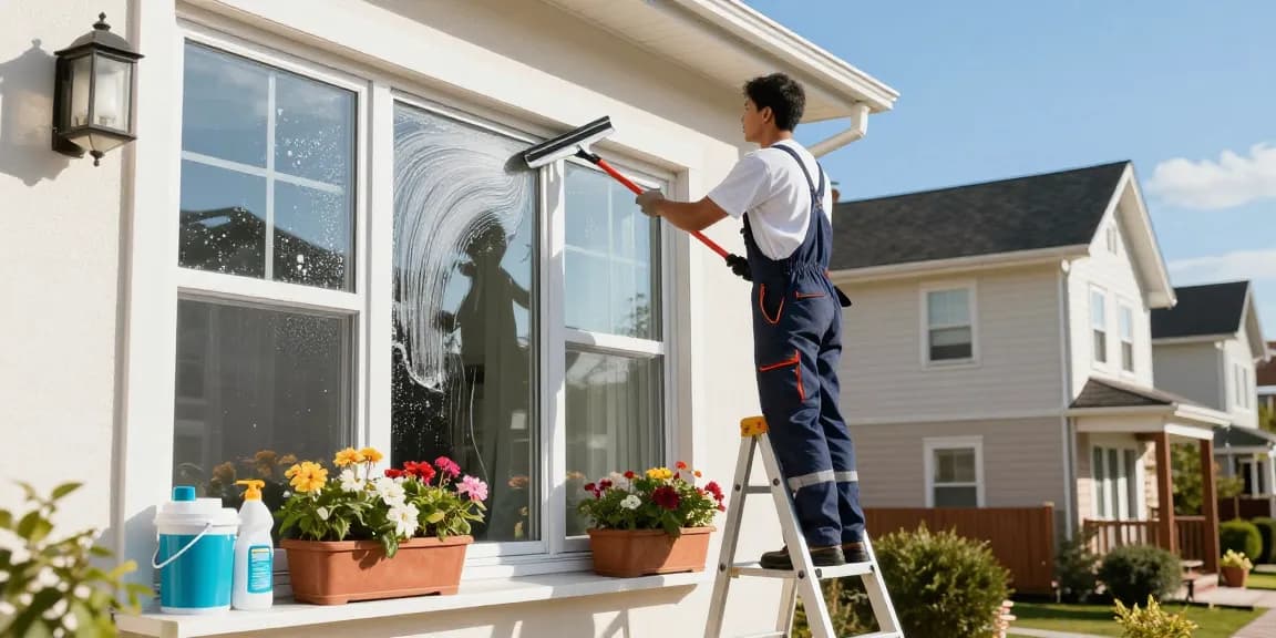 Professional glasreinigung preis in residential setting with cleaner washing windows.