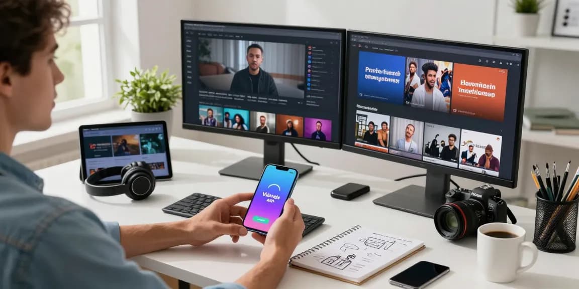 Downloading Vidmate APK on Android smartphone in a tech workspace with monitors showing trending content and modern decor.