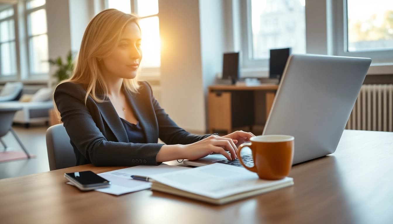 Complete the uk eta online application with a focused businesswoman in a modern office.