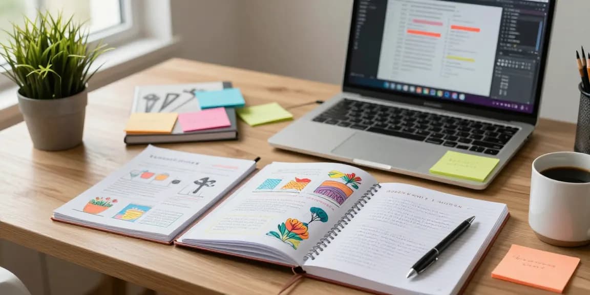 Custom printed notebooks displayed in an organized workspace, highlighting personalized designs and creative details.