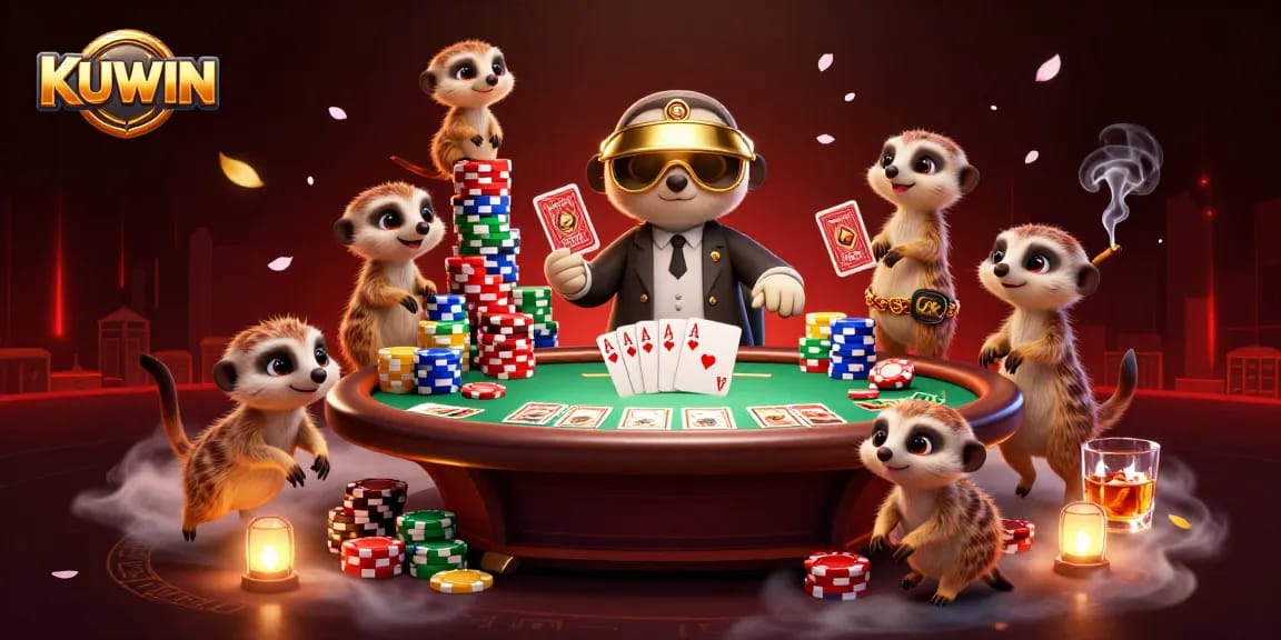 KUWIN casino meerkats orchestrating a lively poker game within a vibrant casino scene.