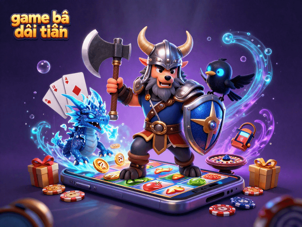 Engage in dynamic game bài đổi thưởng fun with vibrant symbols, Viking characters, and a magical backdrop.