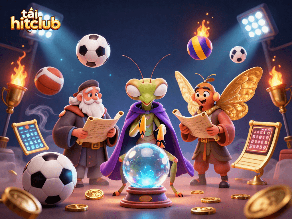 Engage with thrilling action at tải hitclub, featuring a dynamic scene with fortune tellers and sports elements.