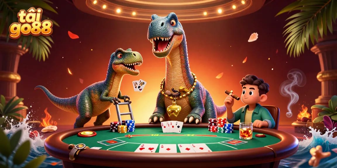 Play poker with a giant brontosaurus and clever raptor in this vibrant tải go88 casino scene.