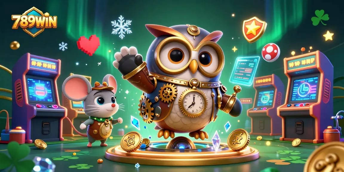 Immerse in 789WIN's vibrant casino experience with a charming owl and mouse, dynamic gaming elements, and rich details.