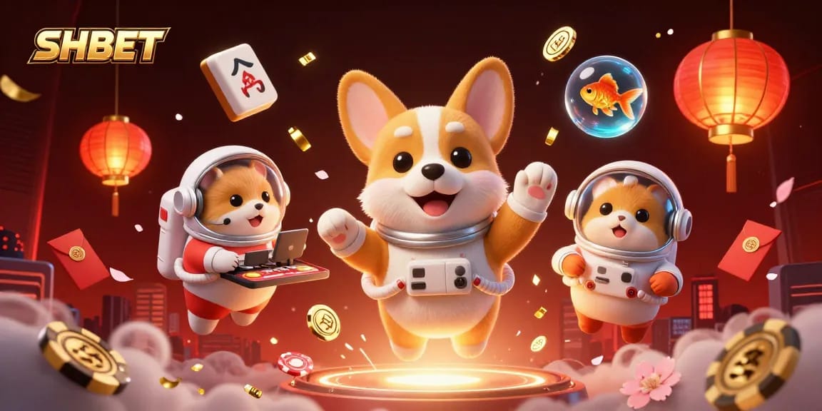 Engage with SHBET in a vibrant casino atmosphere featuring a corgi astronaut and gaming elements.