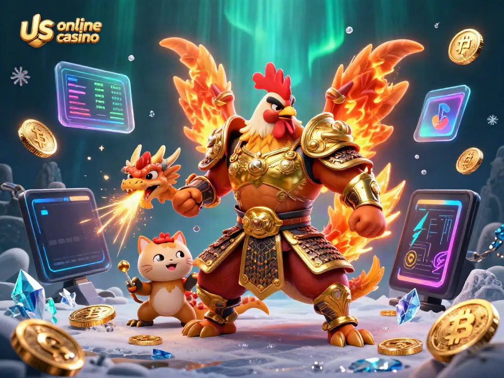 Experience thrilling action at a us online casino with a dynamic illustration of characters interacting with crypto elements.