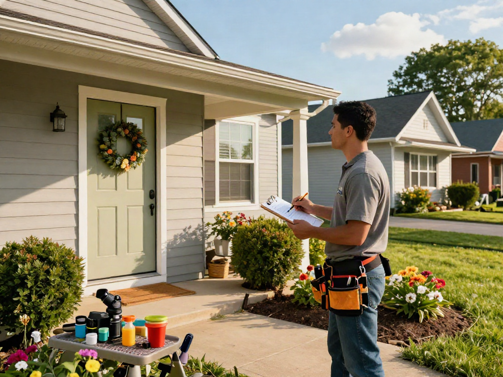 Professional contractor providing home repair services Des Moines Iowa, inspecting a beautifully maintained suburban home.