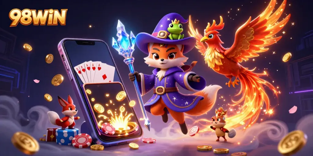 Experience 98WIN's thrilling gaming scene with a mystical wizard fox, phoenix, and vibrant casino elements.