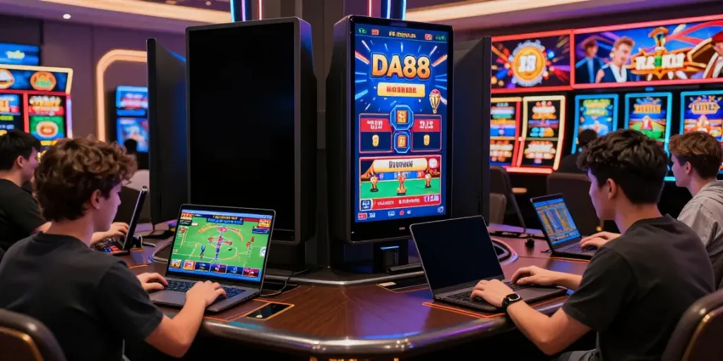 Users enjoying DA88's online gambling platform across devices, showcasing a vibrant gaming environment.