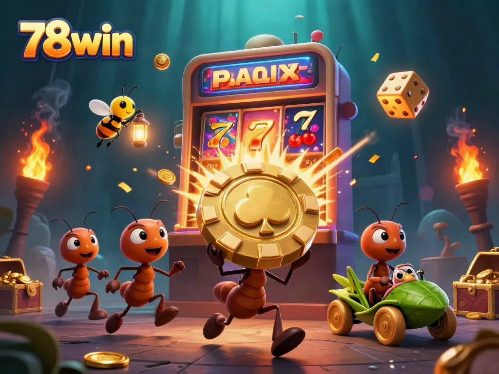 Experience thrilling gaming moments with 78win, as animated ants carry giant poker chips amidst a jackpot explosion.