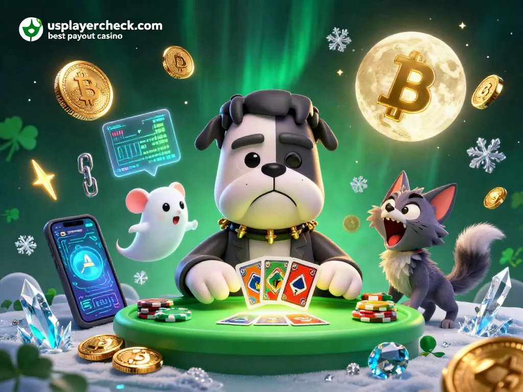 Play at usplayercheck.com best payout casino featuring a cartoon Frankenstein bulldog dealing cards among casino elements.