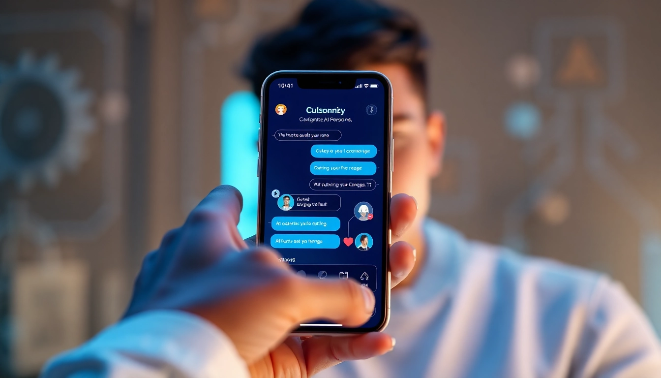 Interactive Crushon AI app on a smartphone, showcasing customizable AI chats in a modern tech environment.
