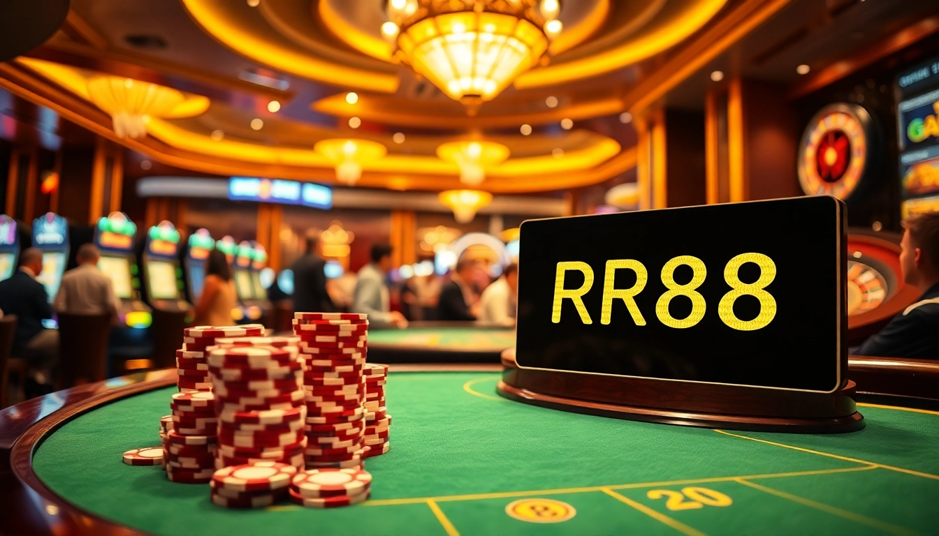 Experience the excitement of RR88 at a luxurious casino with vibrant poker chips and slot machines.
