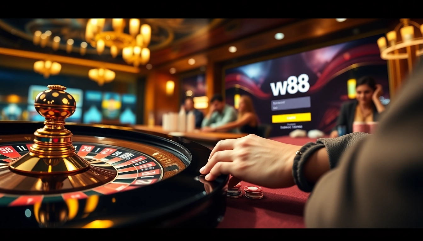 Login experience at ww88 with vibrant casino ambiance featuring poker chips and roulette.