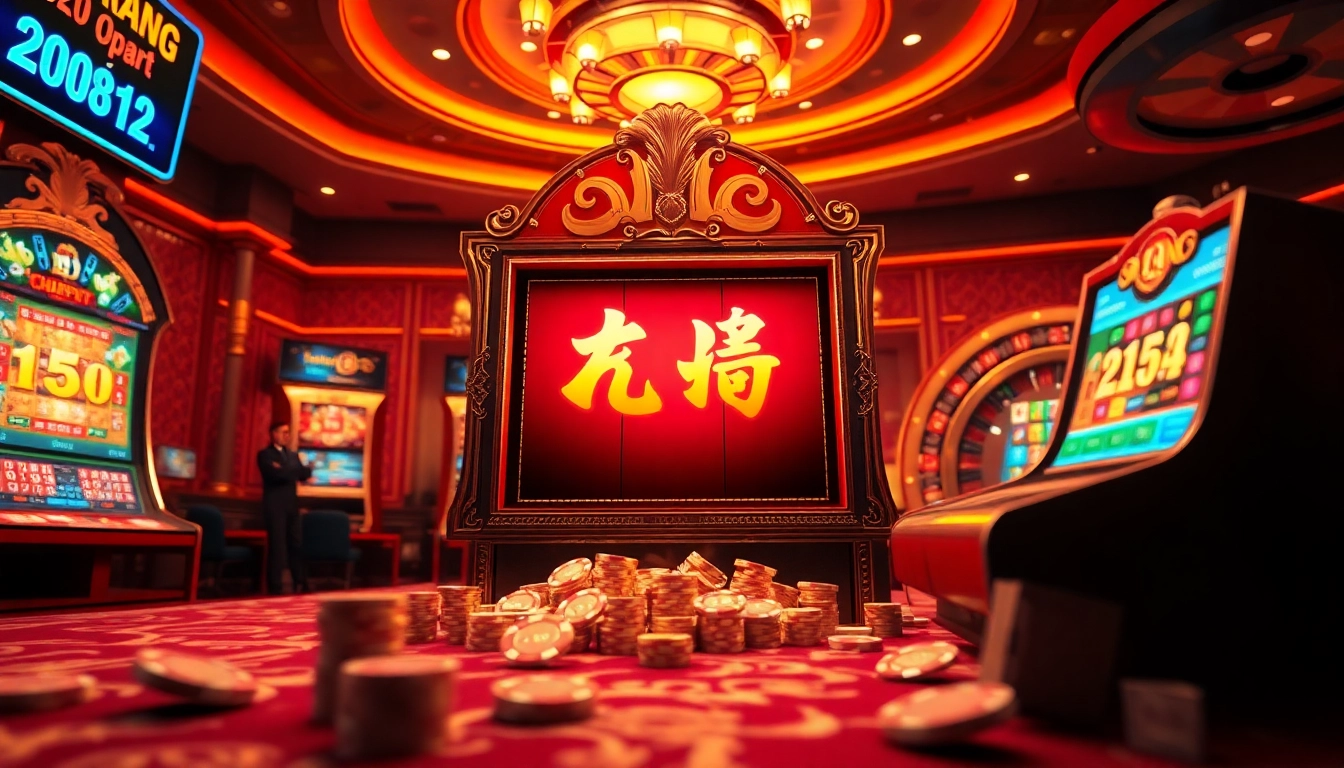 Experience the excitement of nổ hũ as vibrant slot machines shine brightly in a luxurious casino.