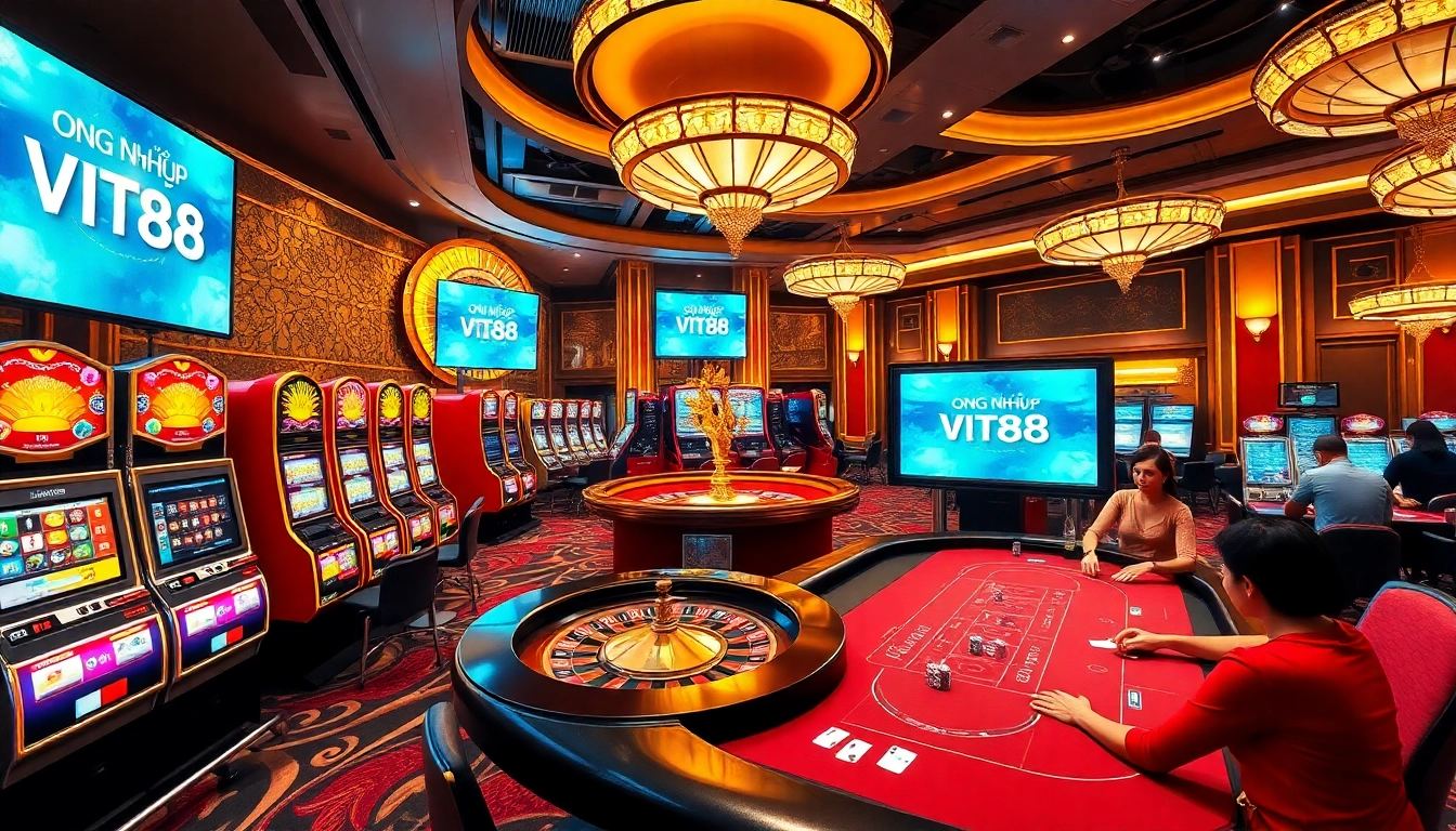 Engage with ĐĂNG NHẬP VT88 in a luxurious casino atmosphere featuring vibrant slots and high-stakes poker.