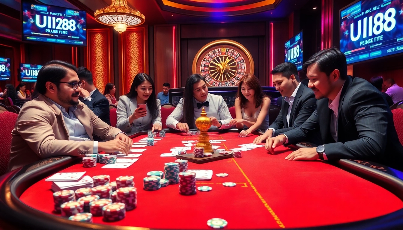 Players engaging in an exciting card game at UU88 casino table with chips and roulette wheel.