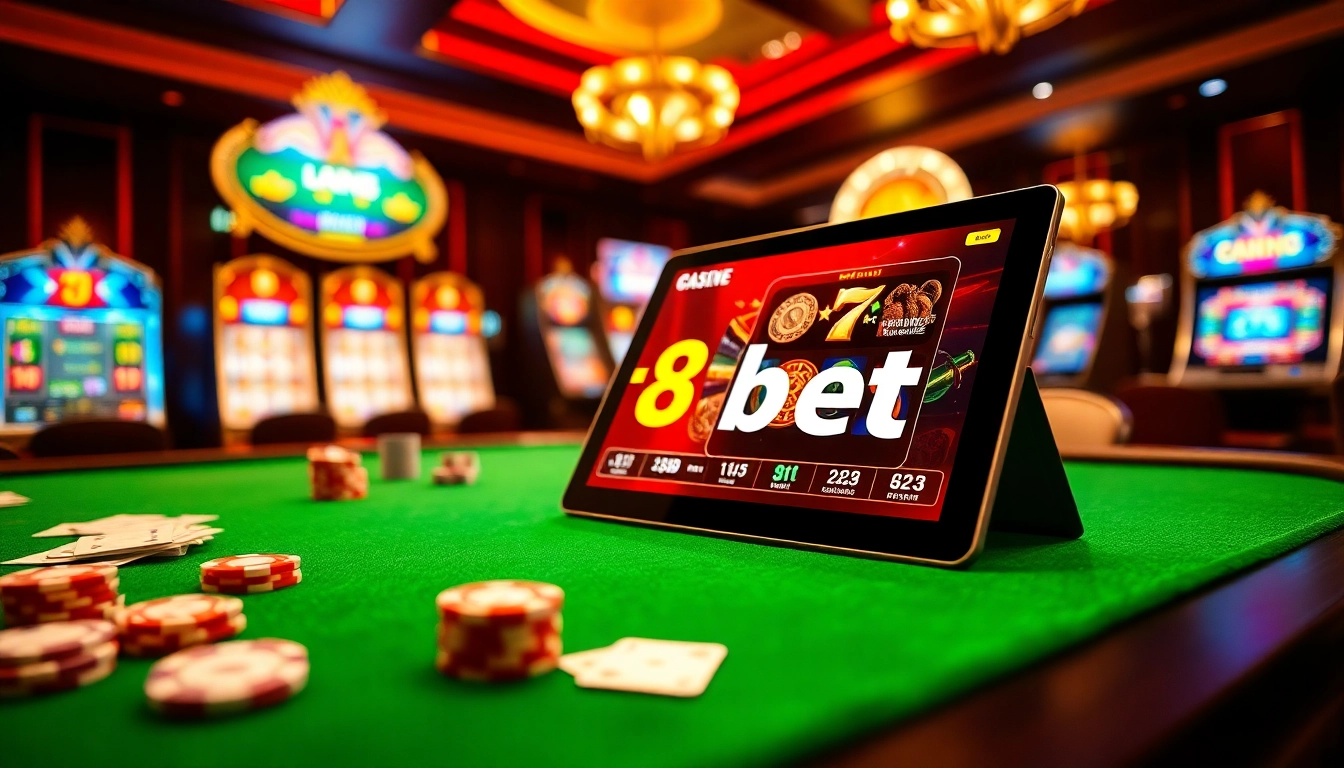Exciting digital gambling scene featuring the interface of https://f8bet.io/ with vibrant slot machines and poker chips.