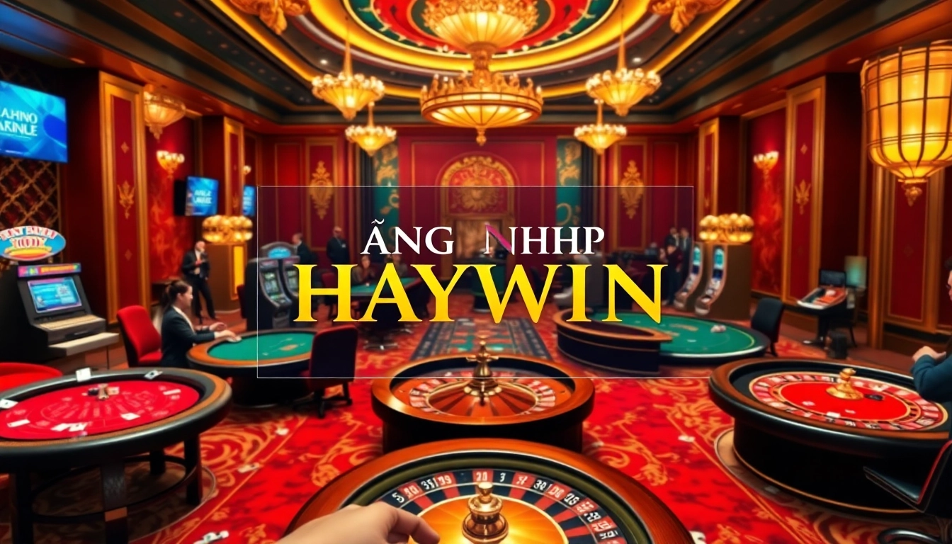 Engage with ĐĂNG NHẬP HAYWIN in a lavish casino environment featuring tables, cards, and vibrant gaming action.