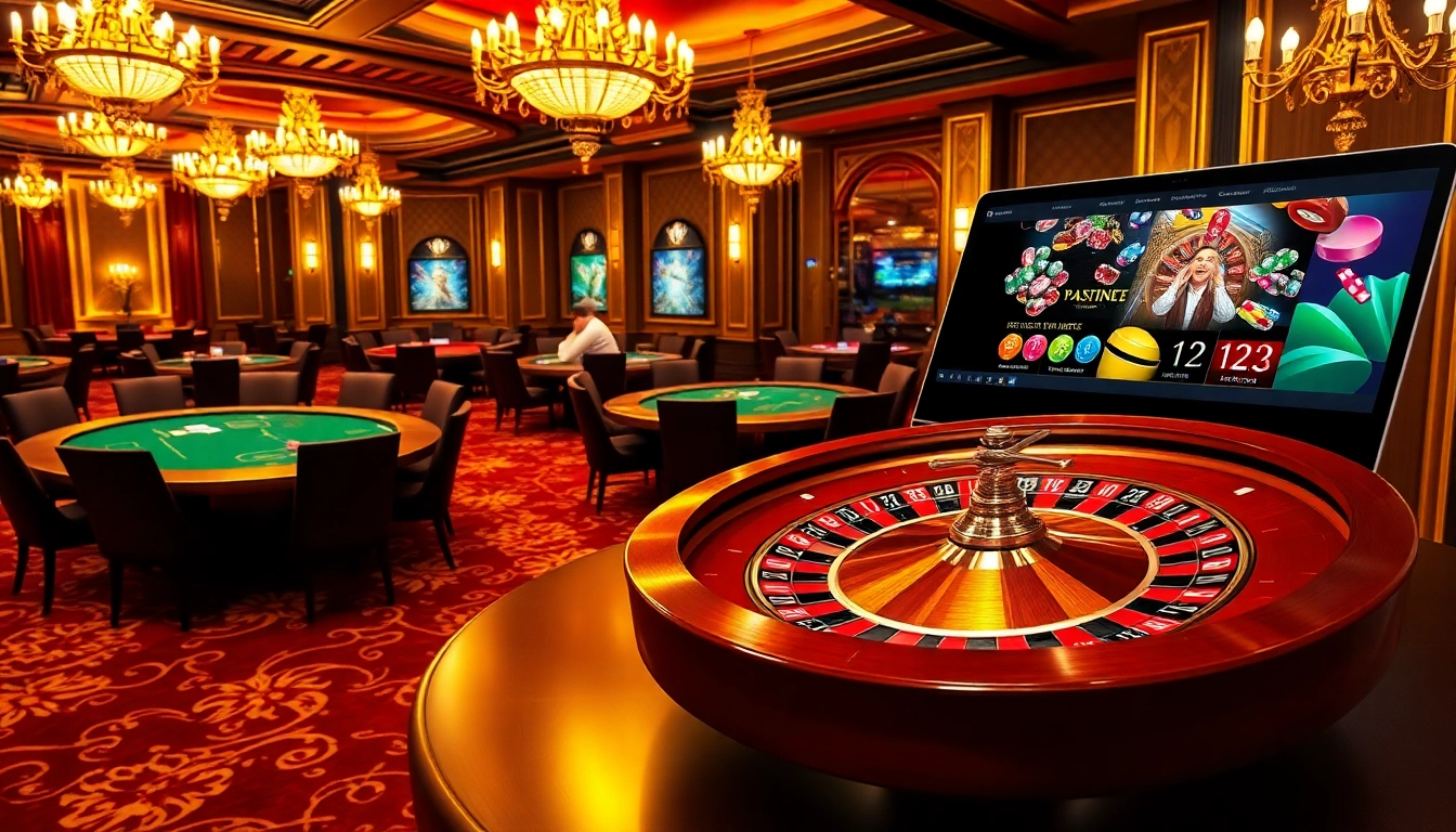 Gamble at the luxurious 32wincasino.com with vibrant poker tables and a spinning roulette wheel.
