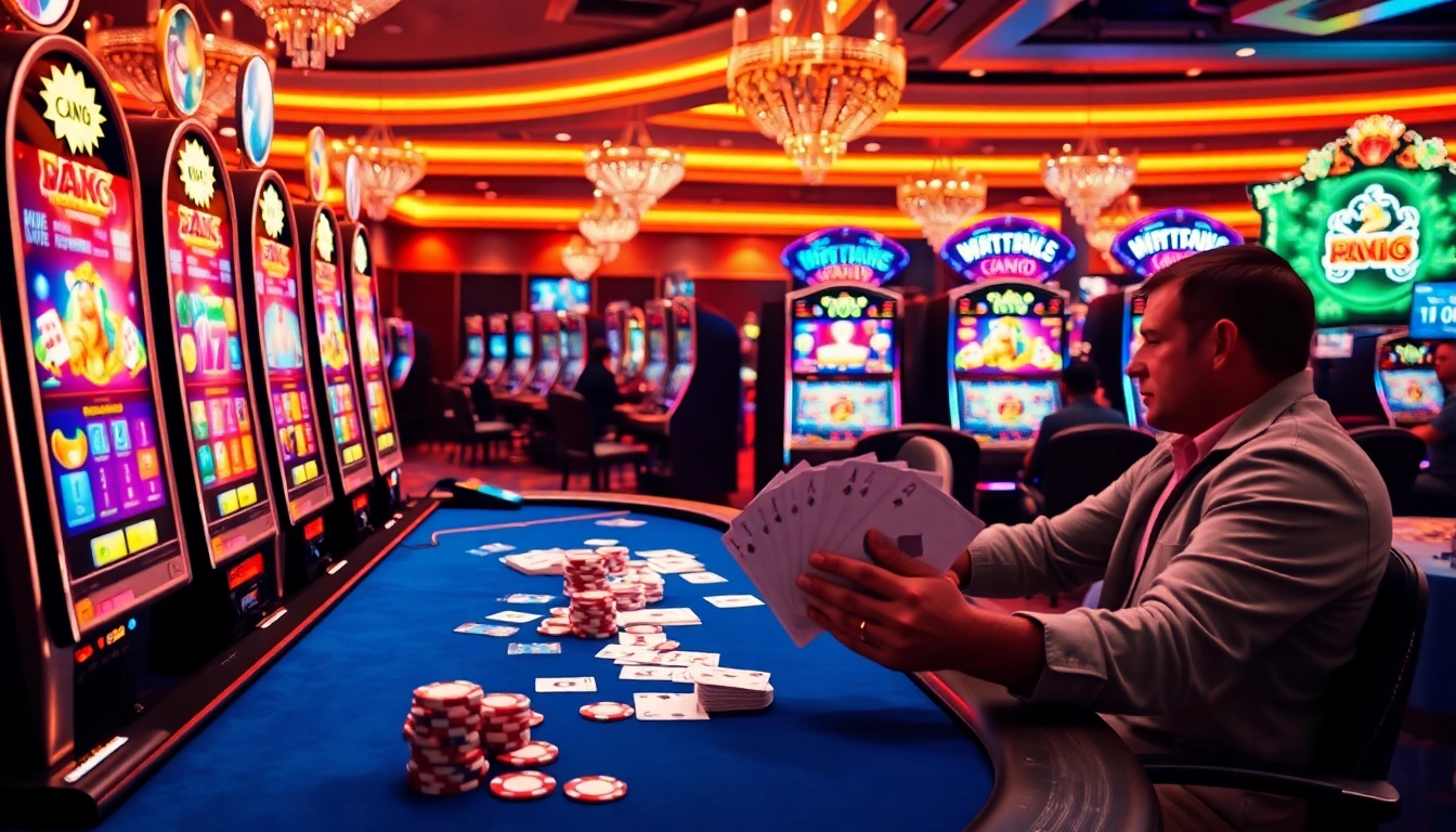 Exciting gambling scene featuring ww88 interface, vibrant slot machines and poker chips.