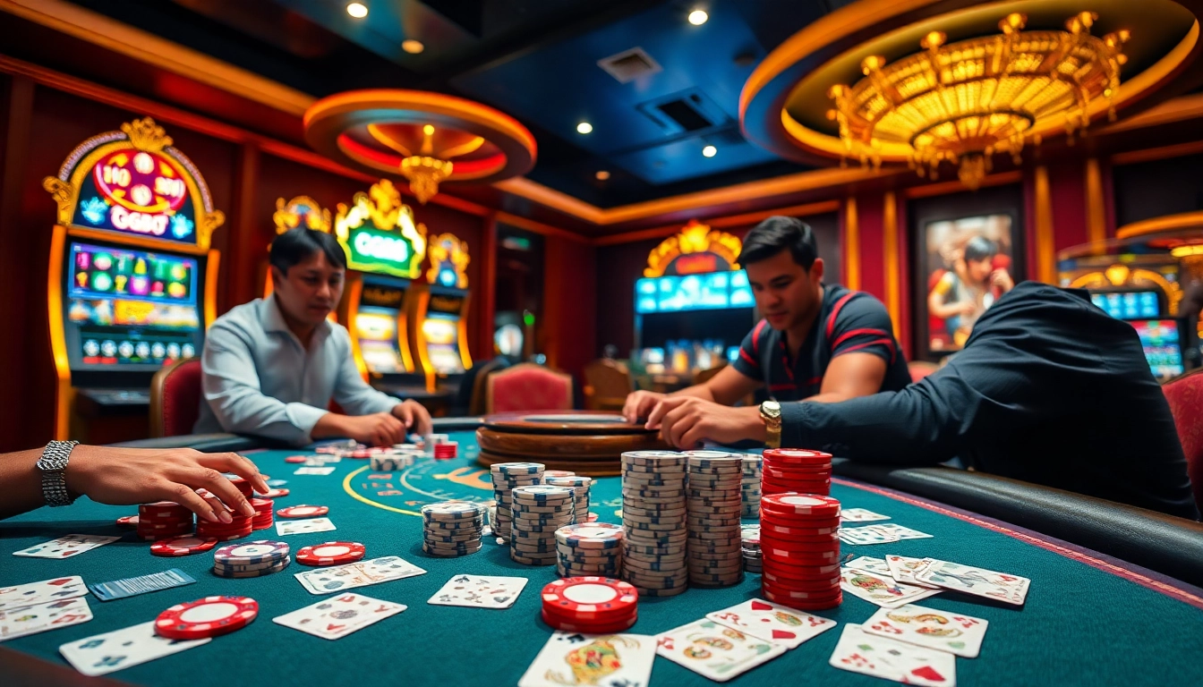 Players engaging in an exciting game at the GG88 casino table with vibrant poker chips.