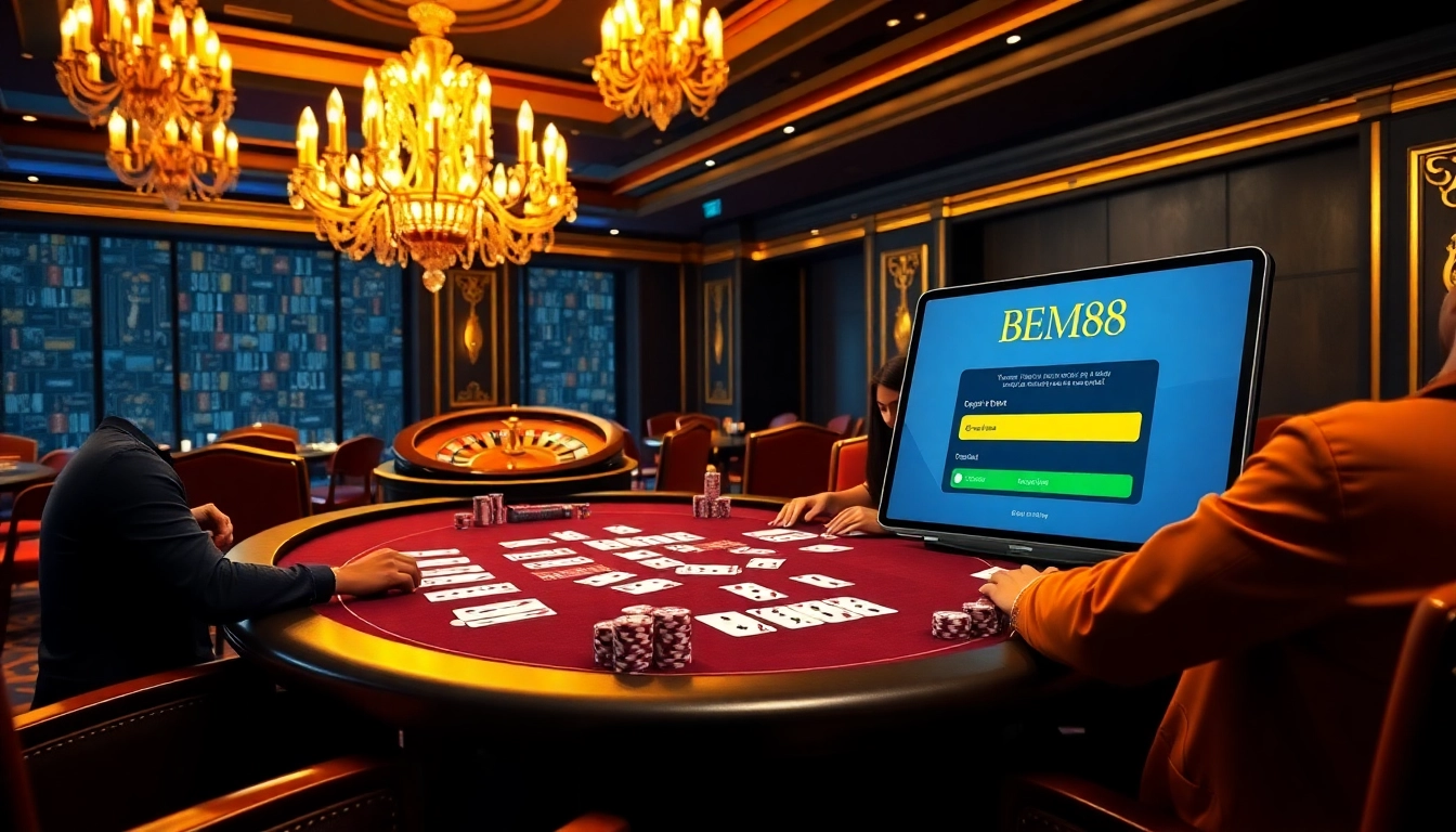 Experience thrilling action as players engage in ĐĂNG KÝ BEM88 and poker strategy under luxurious casino lights.