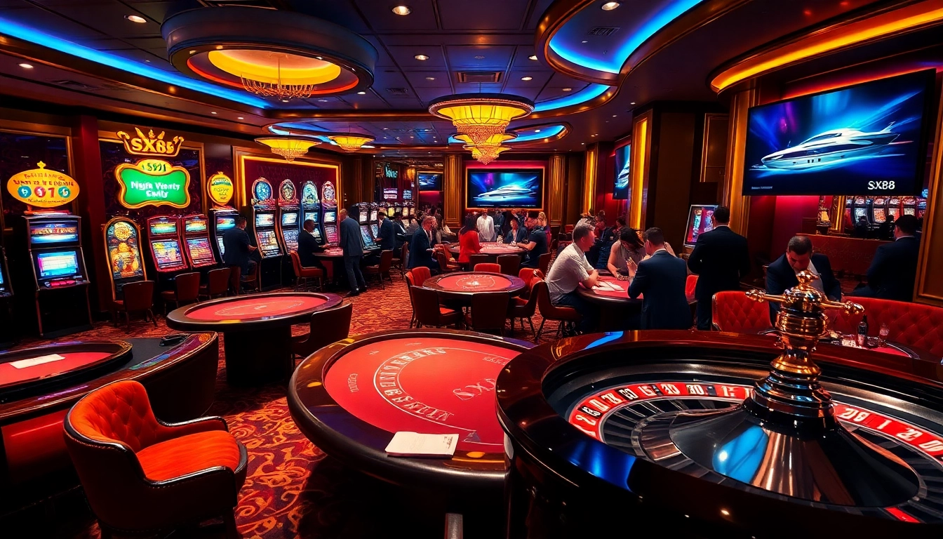 SX88 yacht advertisement amidst an upscale casino ambiance featuring slot machines and poker tables.