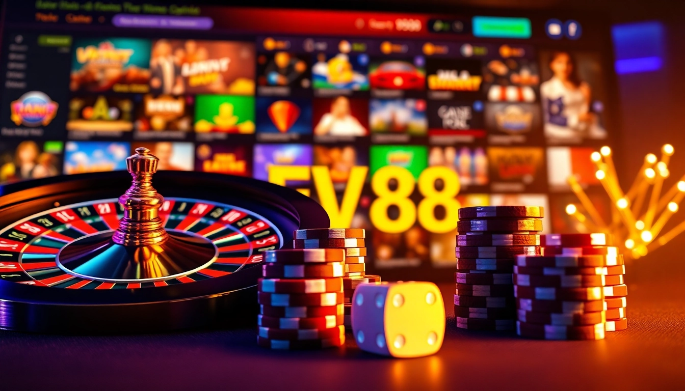 Experience luxury gaming at EV88 with a dazzling roulette wheel and vibrant poker chips in a modern casino.