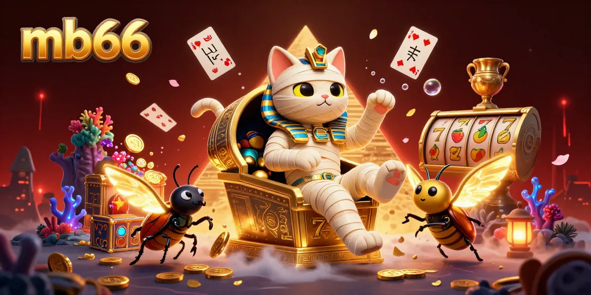 Spin and win with mb66 as a mummy cat bursts from a golden sarcophagus in vibrant casino action.