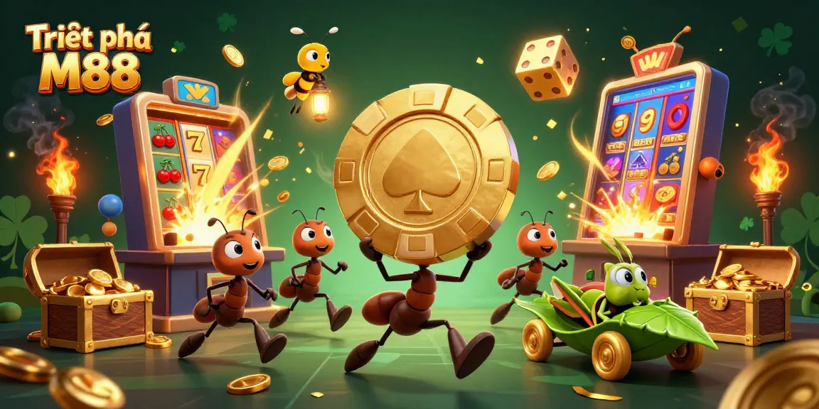 Triệt phá M88: Ant team heists golden poker chip amid vibrant casino chaos.