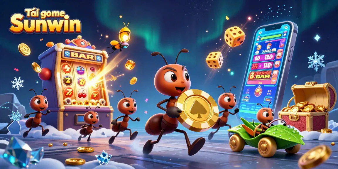 Tải game Sunwin with ants heisting a golden poker chip amidst vibrant casino elements and dynamic action.