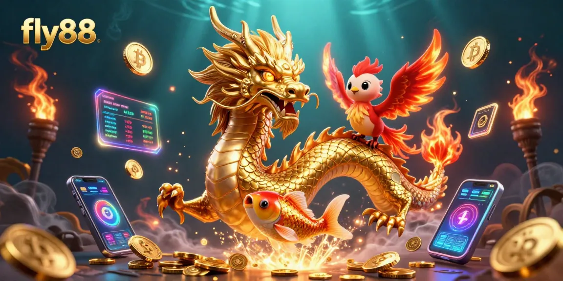 Experience thrilling gaming adventures at fly88 with vibrant imagery of legendary creatures and vivid casino elements.
