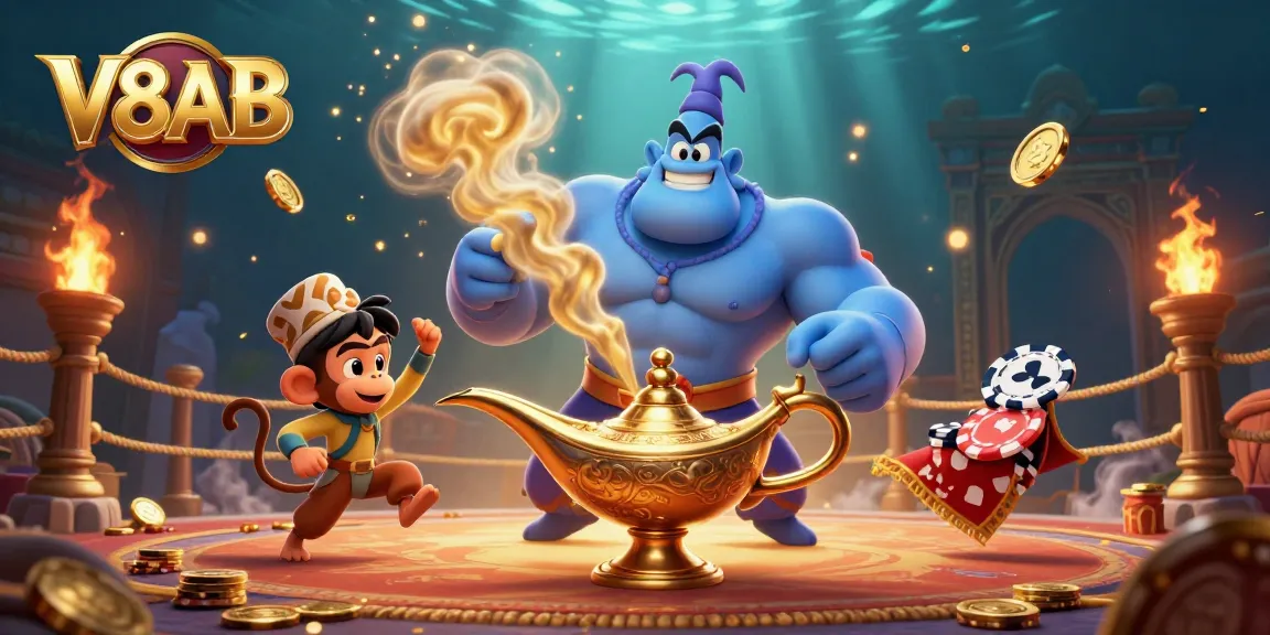 Engage with V8AB's thrilling gaming adventure featuring a giant genie and poker chips in a magical atmosphere.