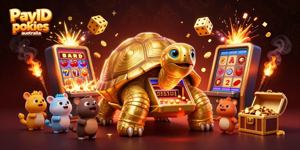 Engage with PayID pokies Australia featuring a colorful, packed casino scene with golden tortoise and lively characters.