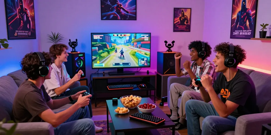 Friends enjoying multiplayer gaming at https://proplay88.uk.com/ in a cozy den with vibrant LED lights.