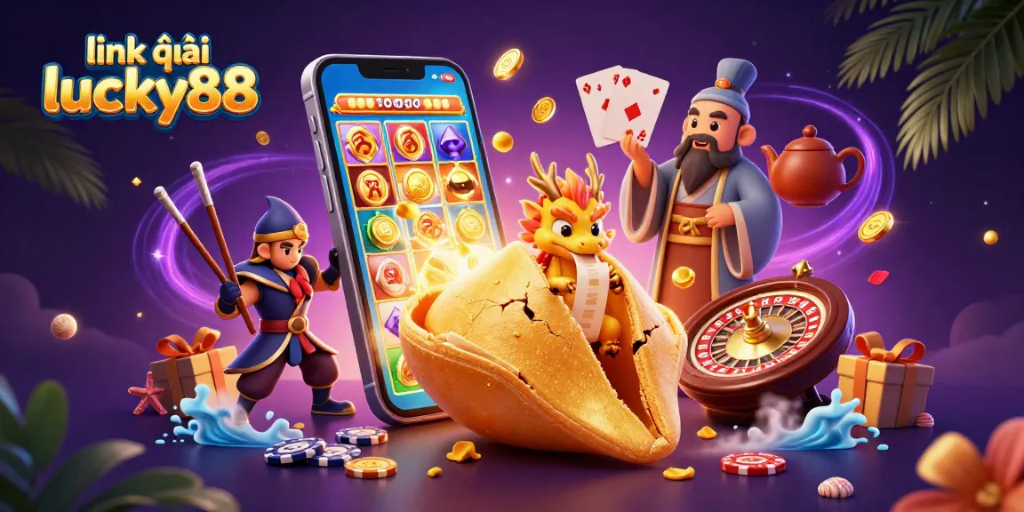 Engage with link vào lucky88 at this vibrant 3D casino scene showcasing a fortune cookie and gaming elements.