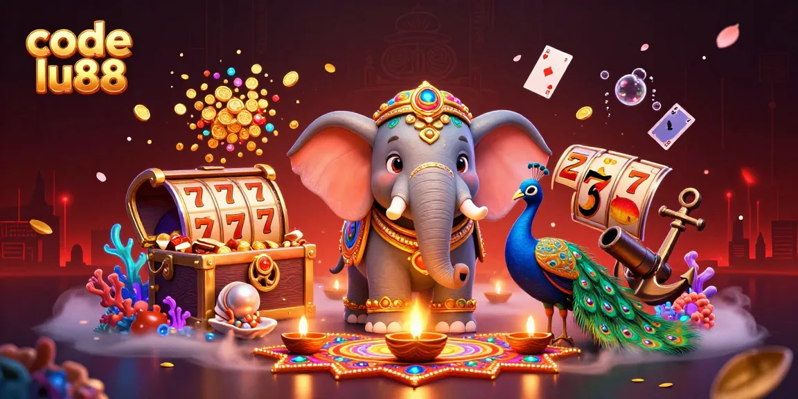 Spin the reels with code lu88 in this vibrant 3D casino scene featuring a Diwali elephant.