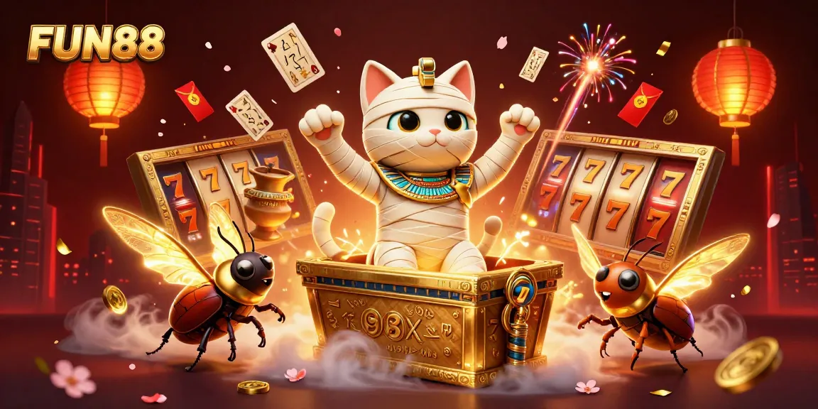 Experience the thrilling FUN88 casino world with a dynamic 3D scene featuring a vibrant Egyptian mummy cat, glowing scarab, and swirling jackpot elements.