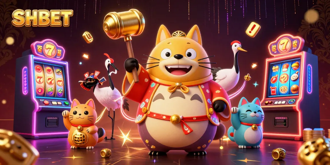 Engage with SHBET's exhilarating slot games showcasing a cheerful tanuki and vibrant casino elements.